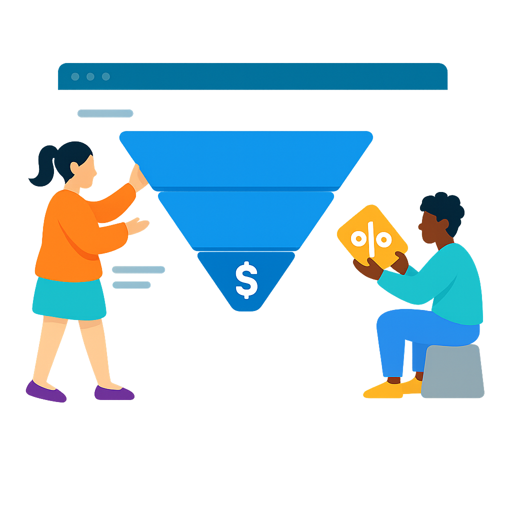 Marketing sales funnel illustration with people analyzing conversion and revenue