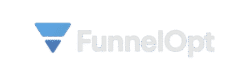 FunnelOpt logo with a modern blue funnel icon and bold text on a dark navy background