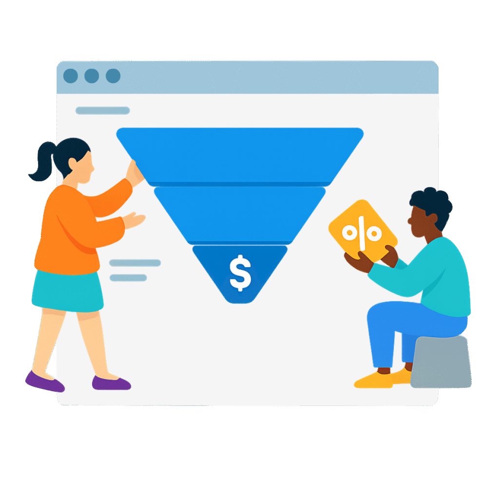 Two characters collaboratively building a marketing funnel interface on a digital screen in flat design style