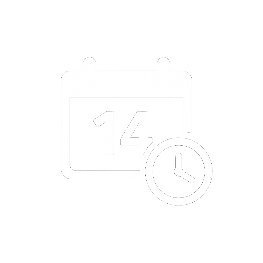 White calendar icon with number 14 and clock overlay.
