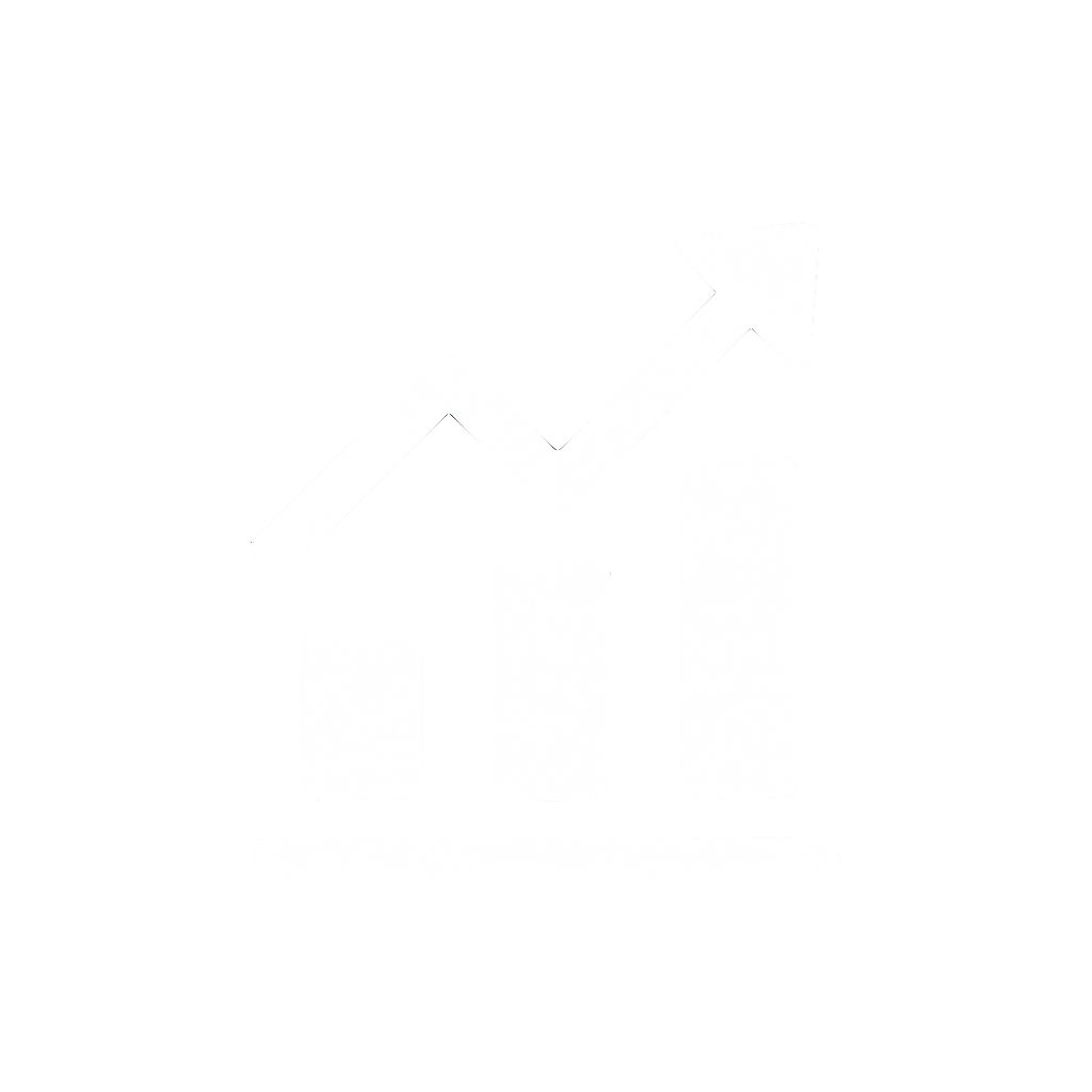 White flat bar chart icon with an upward arrow.