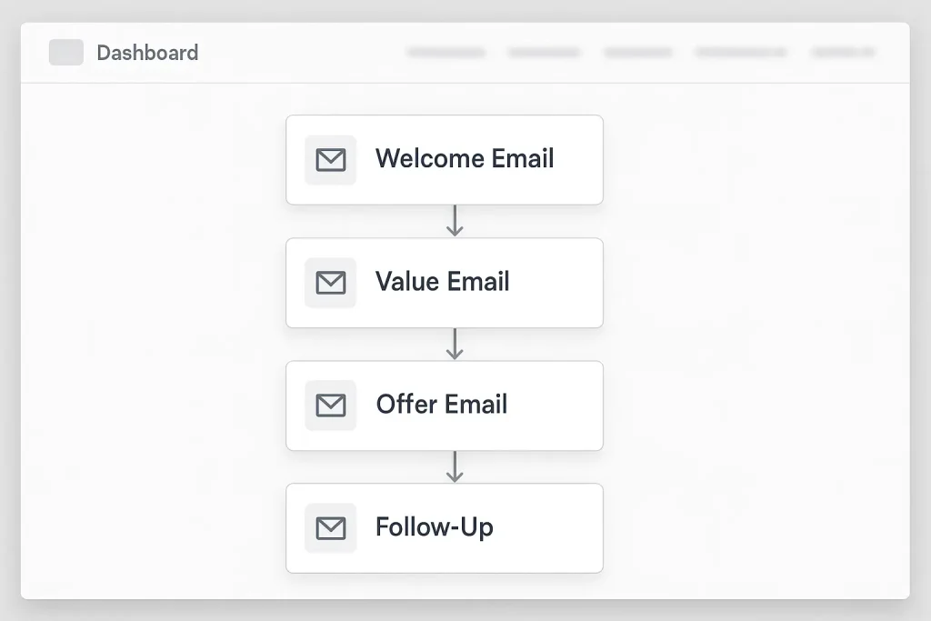 Email automation workflow showing connected steps for welcome, value, offer, and follow-up emails