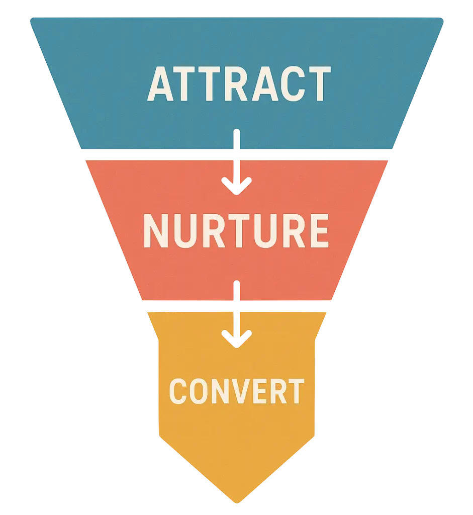 Three-stage coaching funnel diagram showing attract, nurture, and convert process